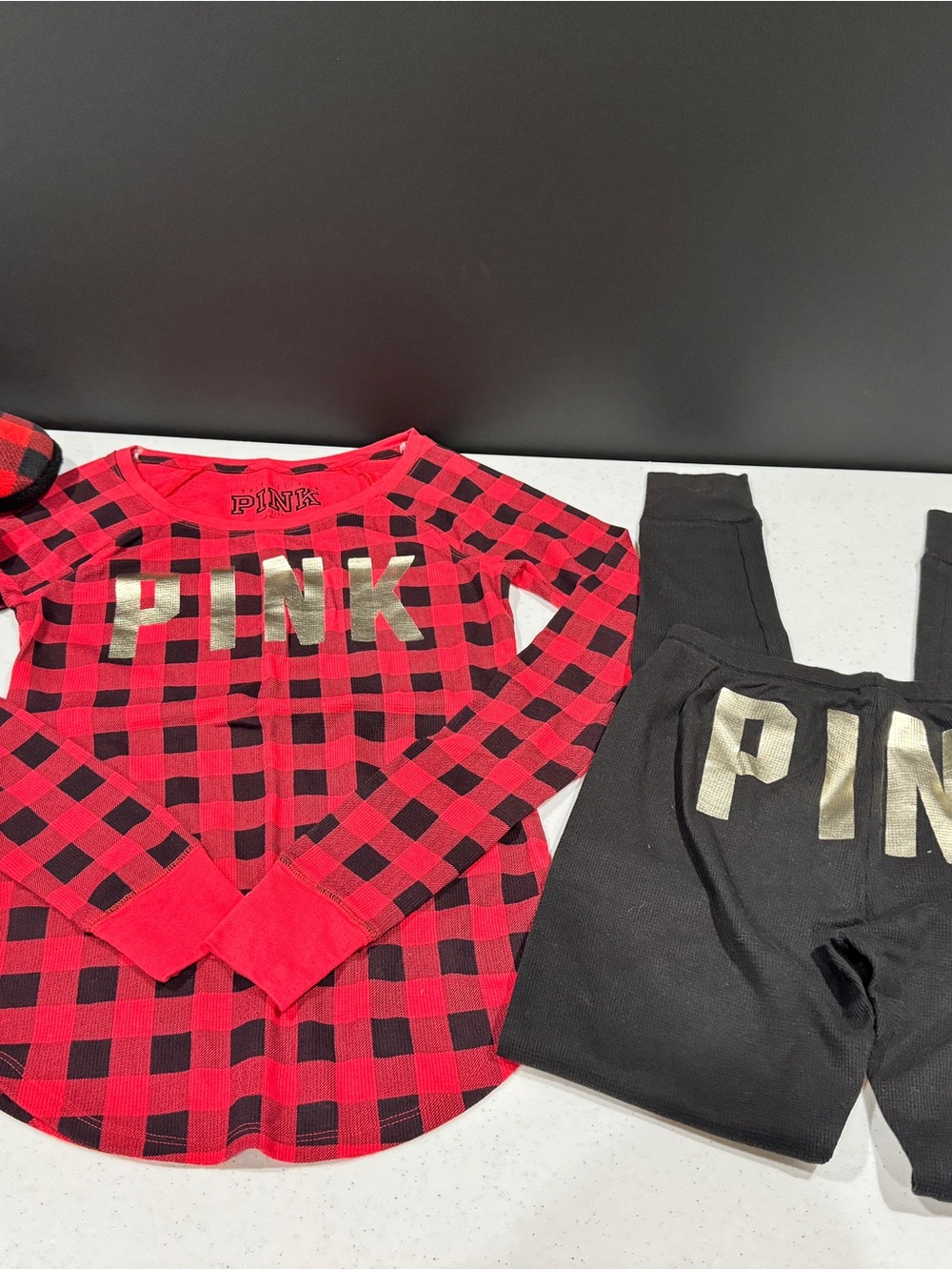 PINK Victoria's Secret Red & Black Buffalo Plaid Pajama Set with Gold Logo